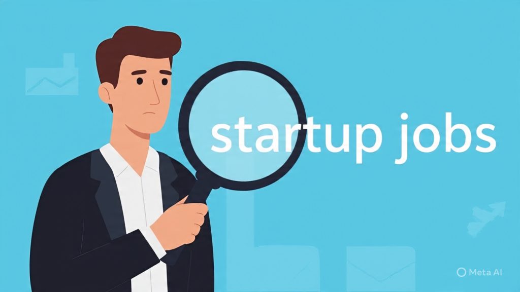 A man holding a large magnifying glass closely inspecting the words “startup jobs,” symbolizing careful evaluation of startup career opportunities, set against a modern, minimal background with subtle career and growth icons.