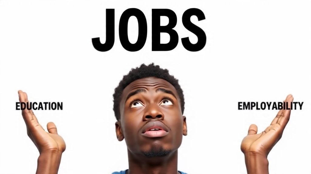 A young man stands in a confused pose against a plain background, looking upward with a thoughtful expression. His hands are raised to either side at shoulder level, each palm facing upward. The left palm is labeled “EDUCATION” and the right palm is labeled “EMPLOYABILITY.” Above his head, the word “JOBS” is written in bold letters. The image represents confusion or decision-making between education and employability in relation to jobs.