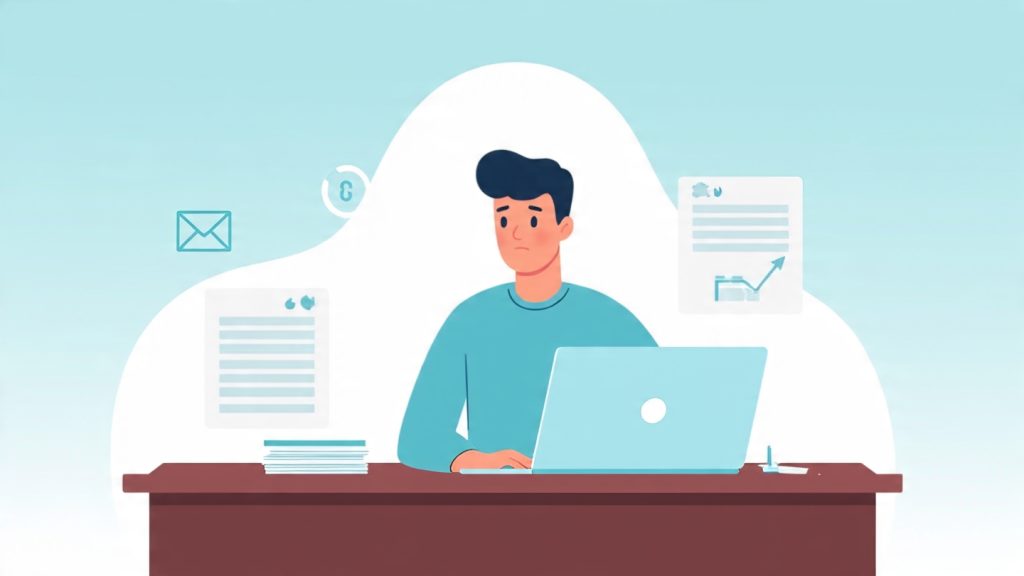 A professional and minimalistic illustration of a young job seeker sitting at a desk with a laptop, looking slightly tired but determined. Around the person, there are subtle visual elements representing a job search journey: a few rejected application icons (like small faded envelopes or “rejected” stamps), a checklist with some tasks completed, and a progress arrow moving upward.

Above the person’s head, show a soft glowing light or symbol representing “mental resilience” and strength. The background should be clean with a gradient (light blue to white or soft pastel tones) to create a calm and hopeful mood.