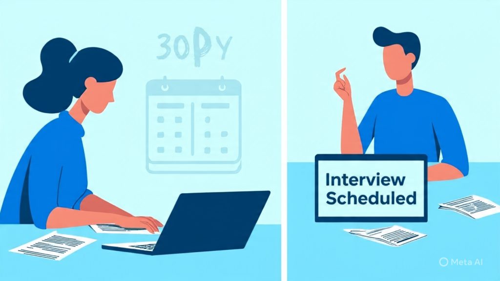 A split-scene illustration showing transformation: on the left side, a stressed job seeker surrounded by messy papers and confusion; on the right side, the same person calm and confident with a clean workspace, laptop open showing “Interview Scheduled.” A subtle “30-Day Job Search Challenge Completed” calendar in the background. The mood shifts from chaos to clarity, symbolizing progress, discipline, and success. Cinematic lighting, modern flat illustration style, motivational theme.