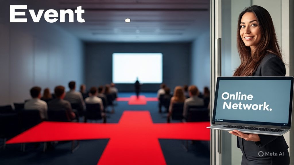 A woman stands at the doorway of a conference room labeled “Event,” holding a laptop that displays “Online Network.” Inside, an audience listens to a speaker, but the entire room is covered with a large red cross, symbolizing rejection of offline events in favor of online networking.