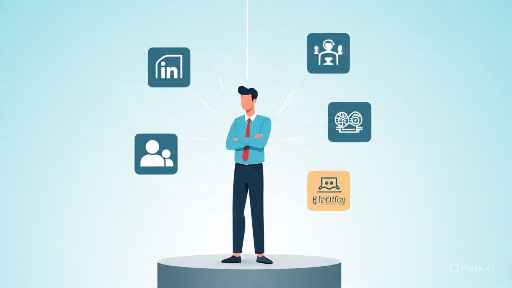 Personal branding for freshers
“A modern flat-style digital illustration showing a young professional fresher standing confidently on a platform labeled ‘Personal Brand’. Around the person are floating icons representing skills, LinkedIn profile, portfolio website, networking connections, blog writing, and achievements. In the background, there is a subtle cityscape representing career growth and opportunities. The scene shows progression, visibility, and confidence. The person is looking forward with a positive expression, symbolizing growth and identity building. Clean, minimal, professional design with soft blue and white color tones, modern corporate aesthetic, high resolution, 16:9 ratio, suitable for blog or LinkedIn post header.”