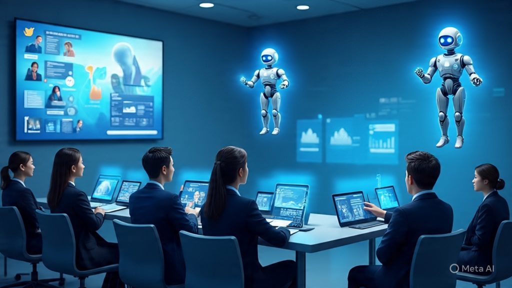Campus Hiring
“Artificial intelligence analyzing student resumes on a digital screen, glowing data streams, candidate profiles floating, AI brain in the background, futuristic recruitment technology, dark theme with neon blue highlights, highly detailed, cinematic lighting, 16:9”