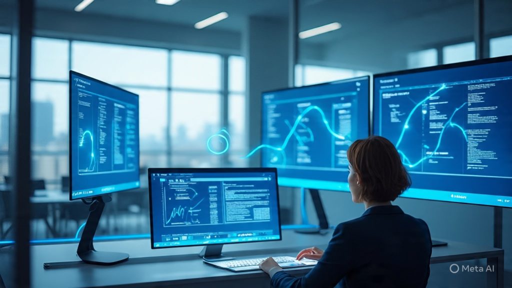 AI and Analytics
A young professional sitting at a desk preparing for an AI-driven job interview. On the screen, an AI interface is analyzing their resume and video interview with icons for keywords, facial expression analysis, and performance scores. The candidate looks focused and confident. The background includes subtle digital elements like chatbots, global job icons, and analytics graphs. The style is modern, minimal, and motivational with soft lighting and a professional atmosphere.
