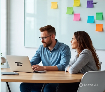 A wide, modern infographic titled “Hybrid Work Hacks: Making Office Days Actually Work for You.” The left side lists practical productivity tips such as planning office days with purpose, focusing on collaboration, batching meetings, building real connections, managing energy, being visible and impactful, ending the day with a review ritual, and being intentional. The right side shows a bright, collaborative office environment with coworkers discussing ideas around a table, a laptop displaying “Hybrid Work,” and sticky notes on a glass board. Supporting visuals emphasize the balance between “Focus at Home” and “Connect at Office,” with motivational notes like “More impact, less stress” and “Better connections, smarter work, stronger impact.”