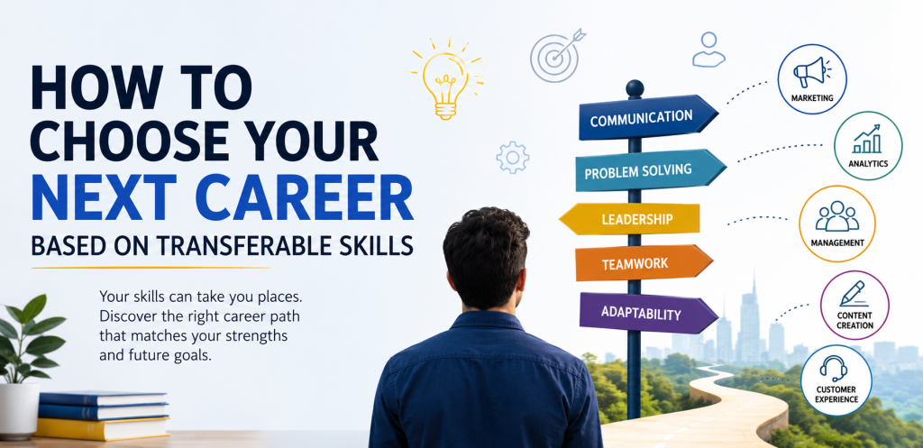 Wide professional illustration about choosing a new career based on transferable skills, featuring a woman thinking about her future career path with visual symbols representing workplace skills and a bright open doorway representing career transition and opportunity.