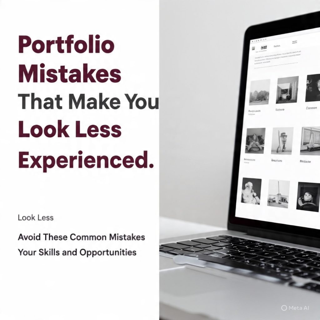 A clean modern infographic showing the title “Portfolio Mistakes That Make You Look Less Experienced” on the left in bold typography, with “Look Less Experienced” highlighted in dark red. Below the title is a short subtitle about avoiding common mistakes that reduce skills and opportunities. On the right side, a laptop displays a sample portfolio website with multiple project thumbnails. The design uses a minimal white and light gray background with subtle red accent elements for a professional, modern look.