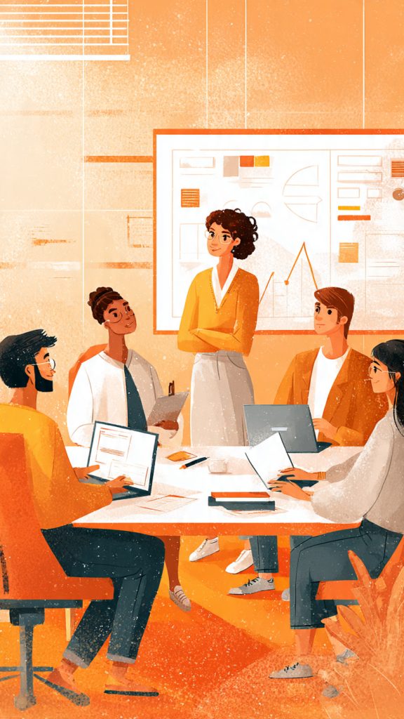 Lead Projects
Animated illustration of a diverse team collaborating in a modern workspace, with one young professional confidently presenting ideas in front of a project board while others listen attentively around a table with laptops and notes.
