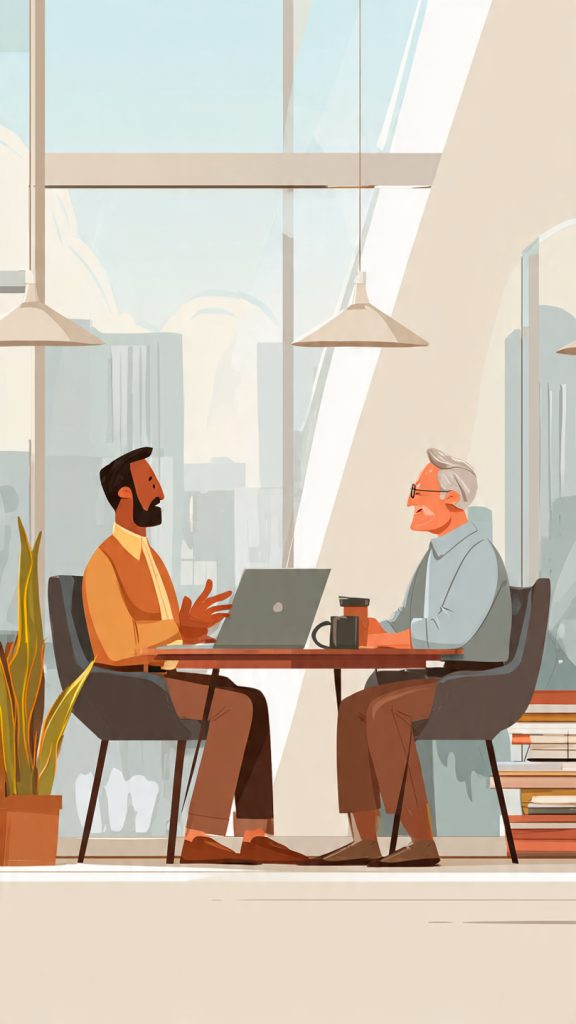 Give Feedback to Peers
Two professionals sitting across a table in a modern office space having a calm conversation, with one person explaining something using hand gestures while the other listens attentively, a laptop and coffee mug placed on the table, and a bright, minimalist workspace in the background.
