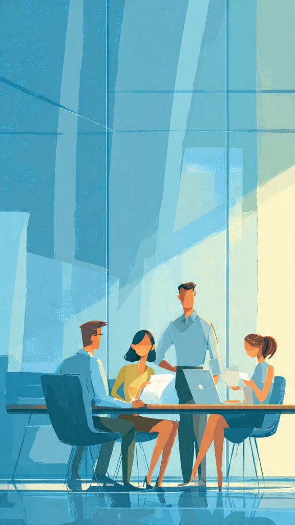"Go-To Person"
Alt text: A modern office meeting scene showing four young professionals collaborating around a table with a laptop and documents. One person is standing and speaking while others listen attentively. The background is a clean, glass-walled corporate workspace with a professional and focused atmosphere.

