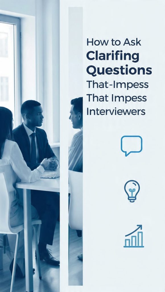 A modern professional interview-themed infographic showing a job interview conversation between two people in an office setting. On the left side, an interviewer and candidate are seated across a desk, engaged in discussion. On the right side, a clean typographic layout displays the title “How to Ask Clarifying Questions That Impress Interviewers,” accompanied by simple line icons representing communication, thinking, and teamwork. The design uses a minimal blue and white color scheme with a corporate, career-focused aesthetic.