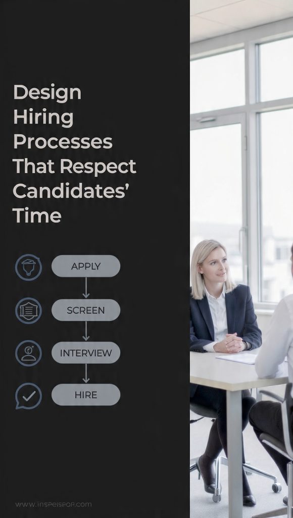 Design Hiring Processes
A clean, modern infographic-style slide showing the title “Design Hiring Processes That Respect Candidates’ Time” on the left side with a minimal icon-based workflow illustration. The right side features a professional interview scene in a bright office where a recruiter is speaking with a candidate across a desk, with a resume visible. The overall design is corporate, minimal, and balanced, emphasizing efficiency and respect in hiring without including detailed tips or text clutter