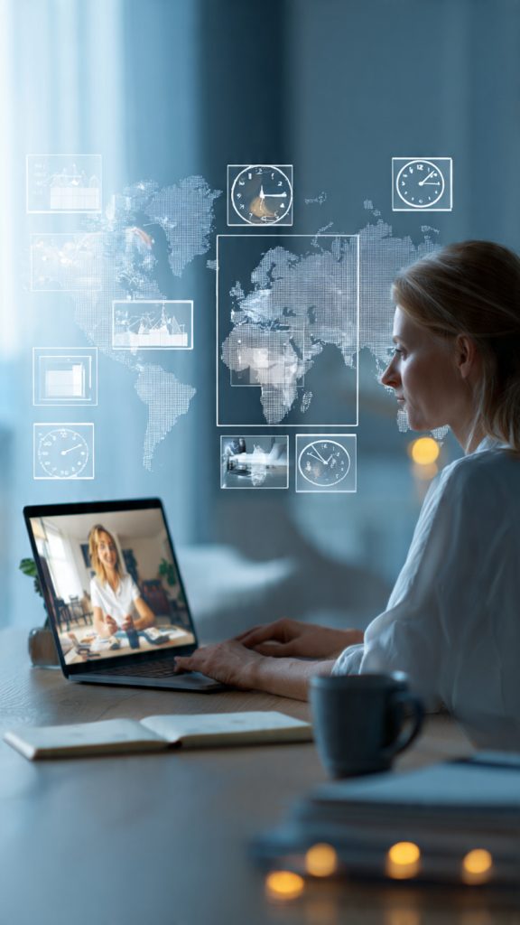 Handle Performance Reviews
A professional remote work setup showing a woman attending a virtual performance review meeting on a laptop with an overseas manager. World clocks labeled with different countries appear on the wall, symbolizing international teamwork and remote management. The image includes a modern office desk with a notebook, coffee mug, and soft lighting, creating a calm and productive atmosphere.
