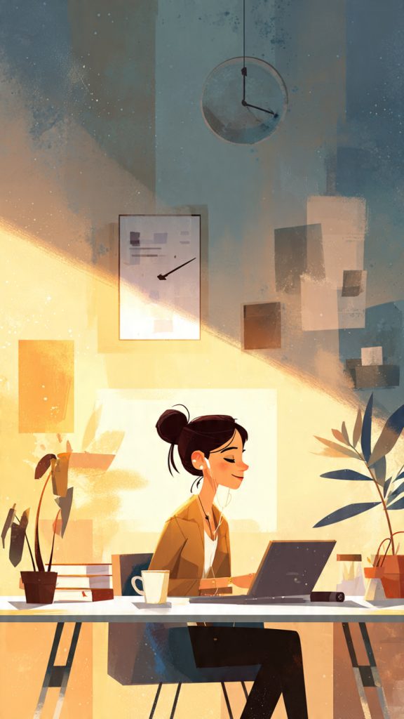 Side Hustles
Create an animated-style professional workspace illustration for a blog article titled “How to Set Boundaries So Side Hustles Don’t Harm Your Job.” Show a young professional working calmly at a clean desk with a laptop, coffee mug, notebook, soft warm lighting, and a balanced environment that visually represents work-life balance. Include subtle elements like a wall clock, calendar, headphones, indoor plants, and a second small screen symbolizing a side hustle, but avoid clutter. The character should look focused, organized, and stress-free. Use a modern aesthetic with smooth gradients, cinematic lighting, and soft shadows. Background should feel productive and motivating, with a cozy home-office atmosphere. Do not include any text, tips, quotes, or labels i…