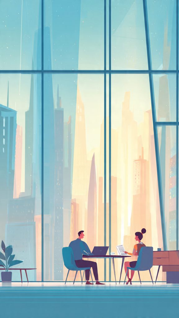 Relocation and Visa
Animated illustration of a professional relocation and visa discussion in a modern office, featuring two people talking across a desk with travel documents, a laptop, and an international city skyline visible through large windows.