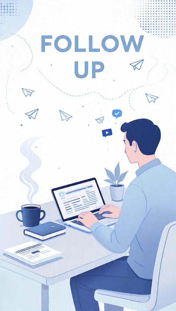 Follow Up
A professional illustrated banner showing a person typing a follow-up email on a laptop at a desk with coffee and notebook nearby. The design uses calm blue tones with communication icons, paper airplane graphics, and bold “FOLLOW UP” text to represent professional networking and respectful communication.
