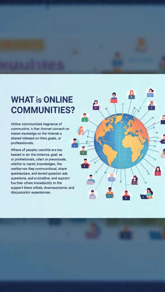 Turn Online Communities Into Real Career Opportunities
Wide horizontal infographic explaining “What is Online Communities?” showing a central globe connected with digital network lines and multiple illustrated people using laptops and smartphones. The image represents global online interaction, communication, and collaboration. On the left side, large heading text defines online communities as groups of people who connect on the internet based on shared interests, goals, or professions, where they communicate, share knowledge, ask questions, and support each other through discussions and experiences.
