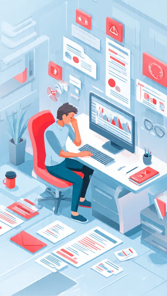 create image Animated illustration showing a recruiter or hiring manager sitting at a desk and analyzing candidate profiles, charts, and hiring data on a laptop. The image represents mistakes in talent analytics and wrong hiring assumptions through rejected candidate cards, graphs, score indicators, and confused decision-making expressions in a modern corporate office style.