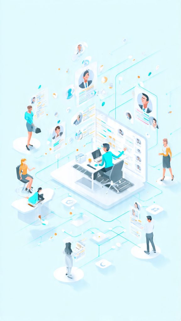 Talent Pools
 A modern flat-style illustration of a recruiter building a talent pool instead of starting from zero. Show a central recruiter working on a laptop with a structured digital talent database floating on the screen. Around the recruiter, show connected profile cards of candidates organized into categories like skills, experience, and roles. Include subtle networking lines connecting people icons in the background, symbolizing long-term relationships. The scene should feel professional, clean, and tech-driven, with soft blue and white corporate tones. Add a sense of efficiency, organization, and future-ready hiring. Wide banner composition, minimal clutter, high clarity, modern HR tech aesthetic, 1600x778 aspect ratio.