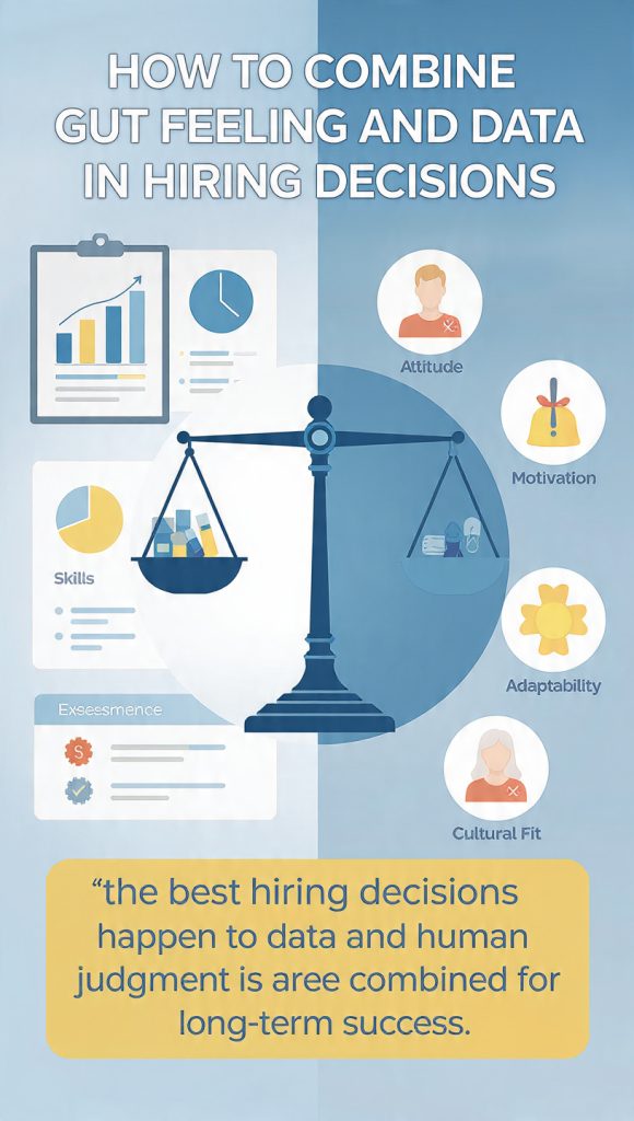 Combine Gut Feeling and Data
A professional infographic titled “How to Combine Gut Feeling and Data in Hiring Decisions.” The layout is split into two halves with a central balance scale. The left side represents data with charts, icons, and metrics like skills, experience, assessments, and performance. The right side represents gut feeling with human silhouettes and icons for attitude, motivation, adaptability, cultural fit, and integrity. At the bottom, a highlighted statement emphasizes that the best hiring decisions happen when data and human judgment are combined for long-term success.