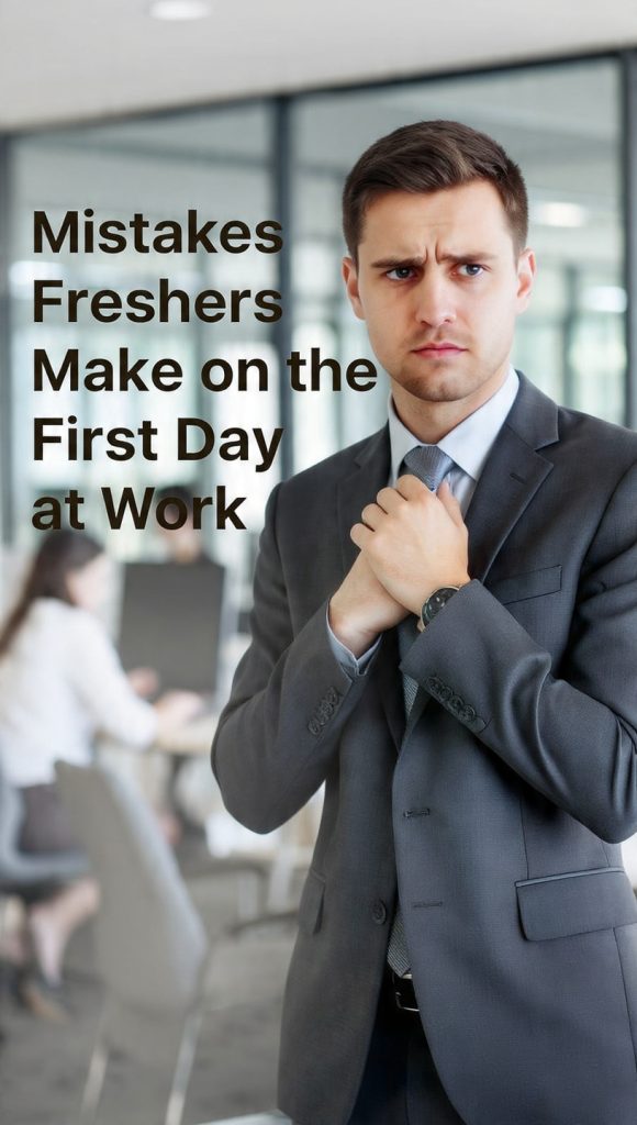 Mistakes Freshers Make on the First Day
A young professional in a formal suit standing in a modern office environment, looking slightly thoughtful and uncertain on his first day at work, with blurred colleagues in the background symbolizing a new workplace setting and learning environment. The design uses a clean, corporate aesthetic with bold typography on the left reading “Mistakes Freshers Make on the First Day at Work,” emphasizing the theme of first-day workplace anxiety and transition into a professional career.