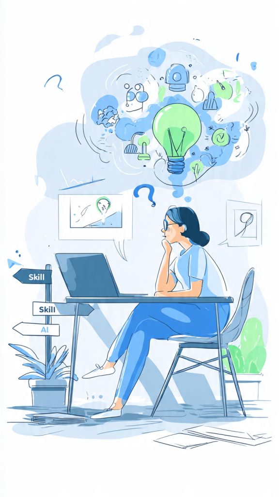 Decide Which Skill to Learn
**Image Prompt: “How to Decide Which Skill to Learn Next (Conclusion)”**

Create a modern, minimal, and professional illustration for a career guidance theme.

**Scene:**
A thoughtful young professional sitting at a desk, looking at a laptop screen showing multiple skill icons (writing, coding, marketing, analytics). In front of them is a forked road sign labeled “Skill A” and “Skill B”, symbolizing decision-making.

**Style:**
Clean flat design or soft 3D illustration, modern startup aesthetic, calm and motivational tone.

**Color Palette:**
Soft blues, whites, and light gradients with subtle accent colors (green for growth, blue for clarity).

**Mood:**
Focused, clear, and confident decision-making.

**Elements:**

* Laptop with icons of skills floating above it
* Lightbulb symbol (idea/clarity)
* Road split or decision path
* Subtle upward arrow (career growth)
* Minimal background, uncluttered

**Text Overlay (optional):**
“Choose the Right Skill, Not Just Any Skill”

**Aspect Ratio:**
16:9 (YouTube thumbnail style) or 1600x900

**Overall Feel:**
Professional, inspiring, and career-growth oriented.