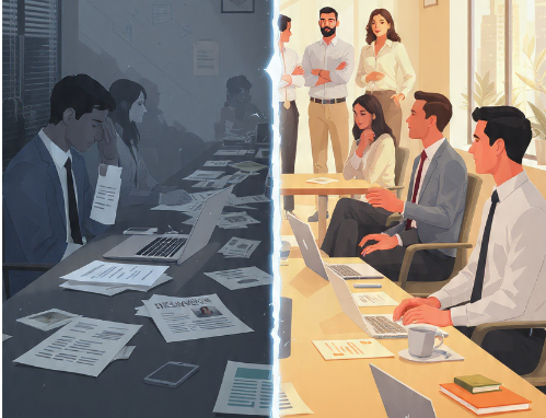 Employer Brand
“Split-screen visual: left side shows a weak employer brand with dull office, low-quality resumes, and disengaged candidates; right side shows a strong employer brand with vibrant office, confident candidates, and top talent queue. Arrows indicating ‘quality improvement’, modern flat + realistic hybrid style, professional business illustration.”