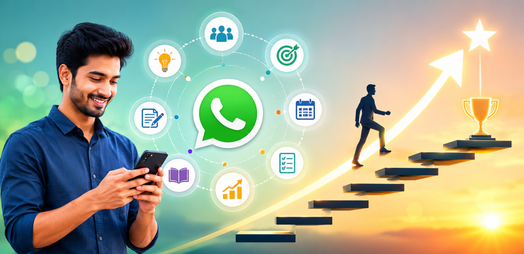 Use WhatsApp and Simple Apps
A professional banner showing a young man using a smartphone while surrounded by icons representing communication, planning, learning, networking, task management, and goal setting. A large WhatsApp-style symbol appears on the left, while an upward green arrow and ascending steps on the right symbolize career growth, progress, and professional development. The image uses a clean, modern design with a bright and motivating background.
