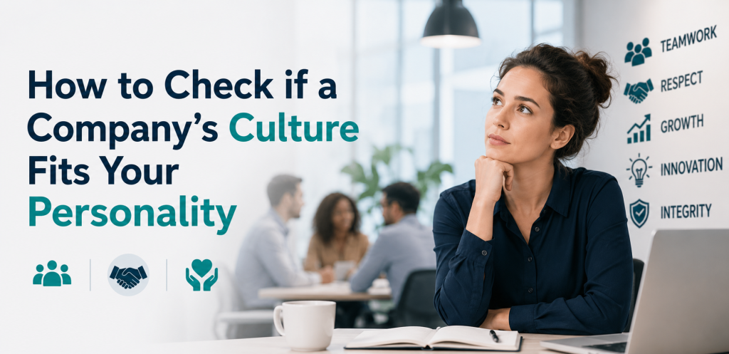 A modern corporate-style illustration showing a professional woman sitting thoughtfully at a desk in an office environment, looking upward as if reflecting on a decision. On the left side, large headline text reads “How to Check if a Company’s Culture Fits Your Personality,” with key words like “Culture” and “Personality” highlighted in teal. The background shows a blurred office setting with people collaborating in a meeting. On the right side, small icons represent values like teamwork, respect, growth, innovation, and integrity. The overall design is clean, minimal, and professional with a blue and white color theme.