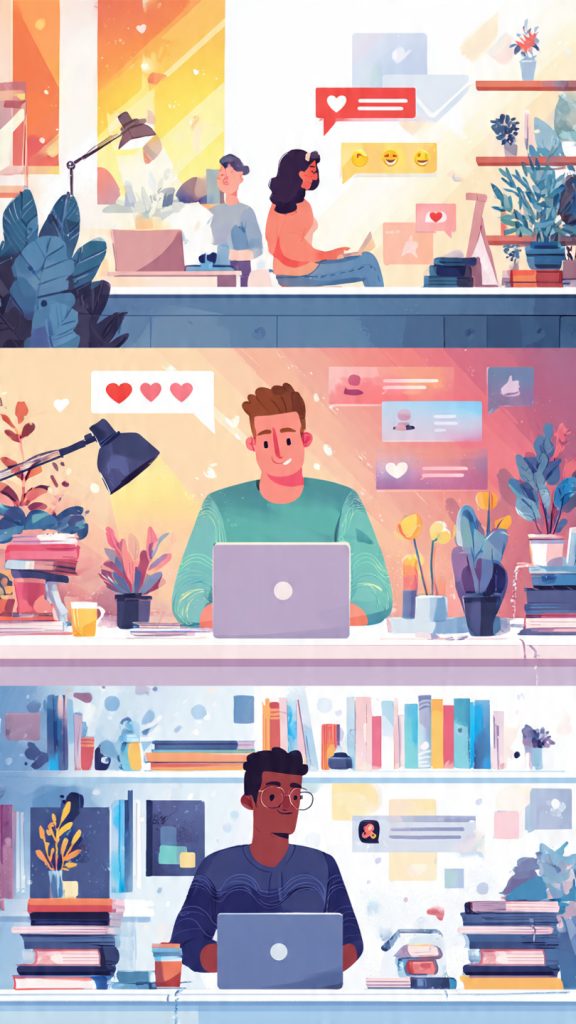 Handle Negative Comments
Animated illustration of a content creator working on a laptop in a modern workspace while staying calm and professional despite negative comments appearing on screen. The scene shows a contrast between criticism and positive engagement, symbolizing resilience, emotional control, and maintaining professionalism in online spaces. Bright colors, indoor plants, books, and motivational decor create an optimistic and productive atmosphere.