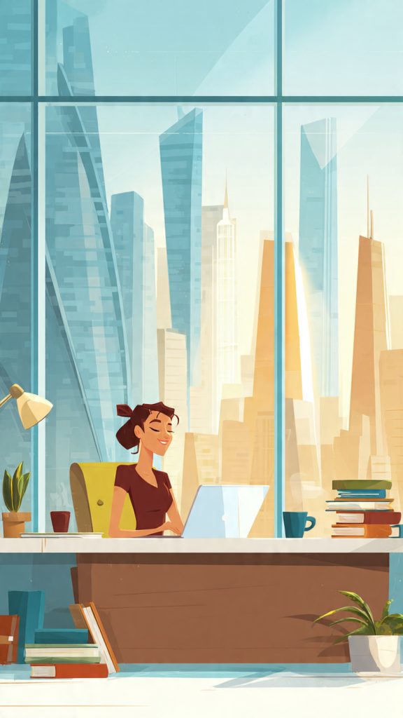 Career Advice for Professionals
Animated illustration of a young professional working confidently at a laptop in a modern office. Large windows reveal a bright city skyline, while books, a notebook, a coffee cup, plants, and office accessories create a productive workspace. The scene represents career growth, learning, ambition, and professional development during the early years of a career.