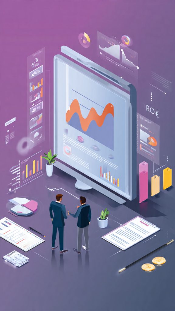 Use Data to Show the ROI
Animated business illustration showing two HR professionals reviewing hiring performance on a large digital dashboard. The screen displays an upward-trending ROI graph, business growth indicators, employee evaluation metrics, and financial symbols representing recruitment investment and returns. The modern office setting includes charts, productivity icons, and growth visuals, emphasizing the value of data-driven hiring decisions and workforce success. The image uses a professional corporate style with dynamic visual elements and no instructional text.