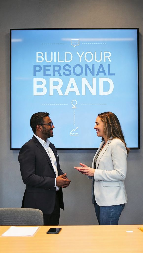 Powerful Personal Brand Online
Two professionals standing in a modern office having a conversation, smiling and facing each other. In the background, a large wall display shows a personal branding theme with the title “BUILD YOUR PERSONAL BRAND” and icons representing communication, networking, and growth, creating a professional corporate atmosphere.