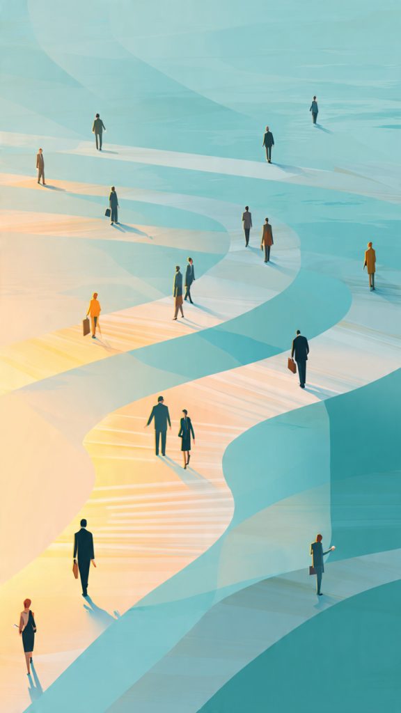 Avoid Getting Stuck in Low-Growth Tasks
A modern conceptual illustration of early-career professionals navigating career paths and decision-making. Show a bright, futuristic abstract environment with multiple diverse young professionals walking through a spacious open space. Some pathways are glowing and rising upward with smooth abstract light steps symbolizing growth and opportunity, while other paths are flat, repetitive, and fading into the background to represent routine work. The scene should feel motivational, strategic, and forward-moving. Include subtle interactions between people such as discussion, direction-seeking, and movement toward brighter areas. Use soft cinematic lighting, high-detail 3D illustration style, airy minimal background, and professional corporate aesthetic.
