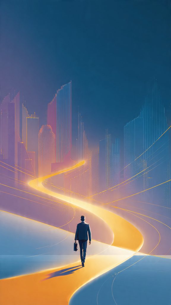 Long-Term Career Compounding
A cinematic, modern digital illustration showing the concept of long-term career compounding in a person’s 20s. A young individual walking forward on a glowing path that gradually transforms into multiple branching upward pathways, symbolizing growth and opportunity expansion. The path subtly evolves into abstract elements like rising graphs, interconnected nodes, and layered city skylines in the background representing career progress and increasing impact over time.

The foreground should feel grounded and simple, while the background becomes more expansive and luminous, showing acceleration and compounding growth. Use soft futuristic lighting, gradient blues and purples with warm golden highlights to symbolize ambition and progress.

