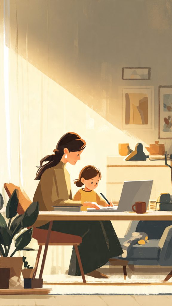 A professional woman works on a laptop at a home office desk while a young child sits beside her drawing in a notebook. The warmly lit room features modern furnishings, a coffee mug, and a calm atmosphere, illustrating the balance between family responsibilities and career ambitions.