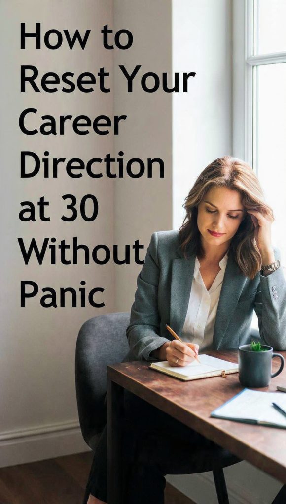 Reset Your Career Direction at 30
A professional blog banner showing a woman in her early 30s sitting by a window, thoughtfully writing in a notebook. She appears calm and focused, symbolizing career reflection and planning. Natural light fills the room, with a coffee mug, small plant, and motivational notes nearby. Large bold text on the left reads, “How to Reset Your Career Direction at 30 Without Panic.” The overall design conveys confidence, personal growth, and a fresh career start.