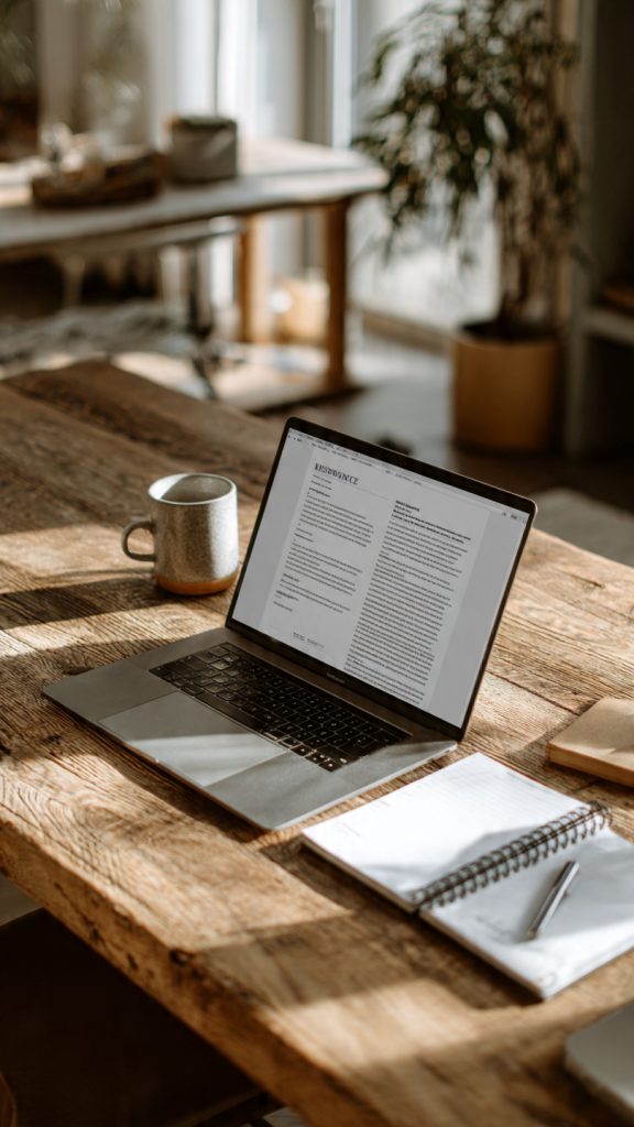 Average Resume Into a Data-Backed One
A realistic, minimalistic workspace scene showing a silver laptop placed on a wooden desk with a professional resume open on the screen. The desk is neatly arranged with a coffee mug, a spiral notebook, and a pen on the right side, along with a small indoor plant in the background. Soft natural light enters the room, creating a calm and professional office atmosphere with a clean, modern aesthetic.