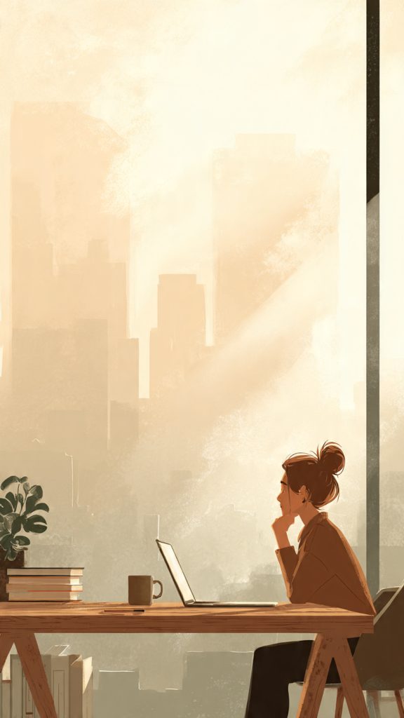 Personal Branding for Shy Professionals
A calm, atmospheric workspace scene showing a person sitting at a wooden desk beside a large window with soft natural light and a blurred cityscape in the background. The desk holds a laptop, an open notebook, and a coffee mug, along with a small indoor plant. The person is seen from behind, resting their hand on their chin in a thoughtful posture while looking at the laptop screen. The overall mood is quiet, reflective, and focused, with warm earthy tones and a minimalist aesthetic that conveys deep thinking and professional introspection.