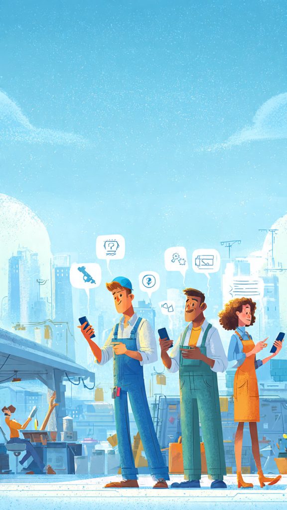 Blue-Collar and Grey-Collar Workers
A realistic modern illustration showing blue-collar and grey-collar workers using digital tools for career growth. A construction worker, mechanic, and technician are seen using smartphones and tablets, while standing in a semi-urban Indian environment. Floating digital icons like job search, learning, payment, and communication appear around them. The background shows a mix of workshop and city skyline. The mood is positive, hopeful, and future-focused. Cinematic lighting, high detail, ultra realistic style, professional composition, wide banner layout.