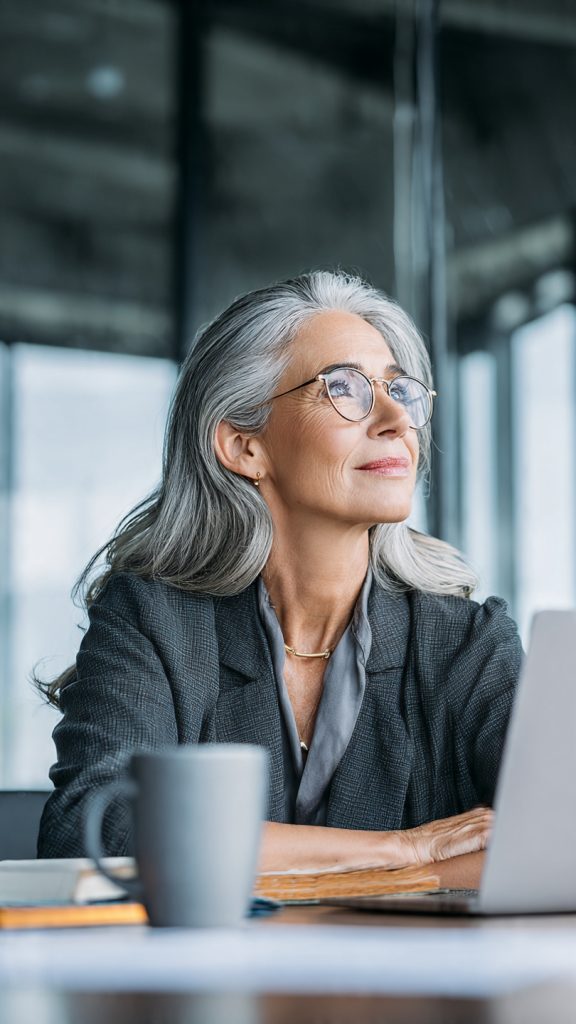 Senior-Level Interviews
A professional businesswoman with gray hair and glasses sits at a desk in a modern office, thoughtfully preparing for a senior-level interview. A laptop, notebook, and coffee mug are placed on the desk, while large windows and a clean corporate workspace create a leadership-focused and professional atmosphere.