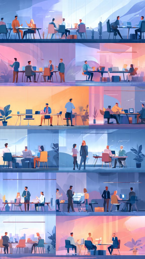 Invest in Employee Growth
A wide cinematic animated-style illustration (1600x778) showing employee growth in modern companies. A bright, futuristic office environment with diverse employees representing different career stages: juniors collaborating and learning at desks, mid-level professionals managing projects and presenting ideas, and senior mentors guiding teams. The composition visually shows upward career progression using abstract glowing pathways, subtle rising motion elements, and layered depth. The atmosphere is positive, dynamic, and growth-oriented with soft gradients, modern lighting, and a polished animation-inspired style. Include teamwork, mentorship, learning, and development as visual metaphors. No text, no labels, no words, no typography anywhere in the image. Hig…