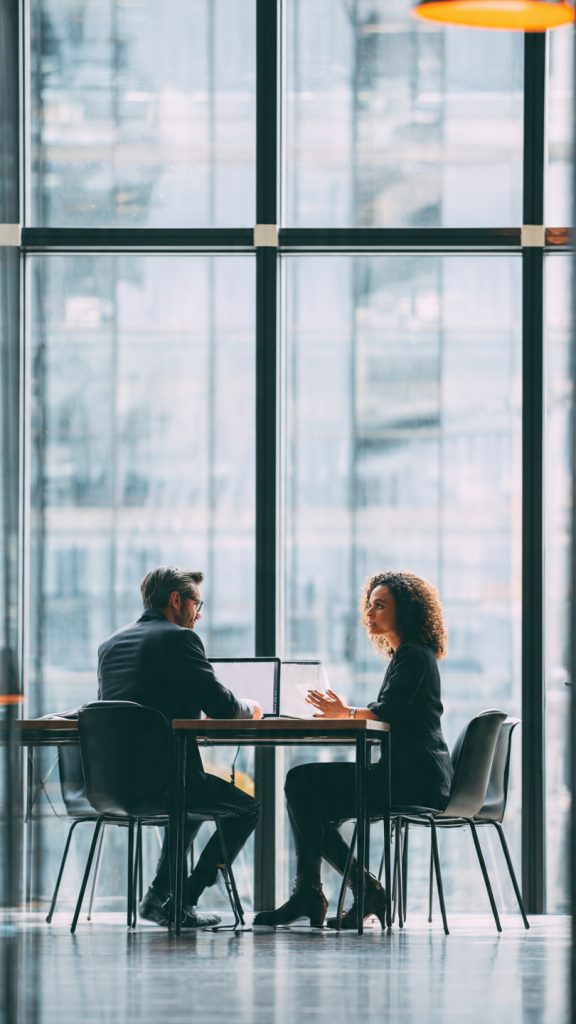 Questions to Ask Employees
A job candidate and a company employee sit across from each other in a modern office meeting room. They are engaged in a professional conversation at a conference table with a laptop and documents visible. Large windows provide natural light, creating a welcoming and professional workplace atmosphere.
