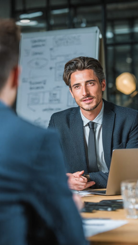 Stand Out in Case Study Interviews
create image A professional job interview scene in a modern office, where a well-dressed young man in a suit is calmly explaining his ideas to an interviewer across the table. A whiteboard in the background displays a structured business case framework, and a laptop with charts is placed on the table, creating a formal and analytical interview atmosphere.