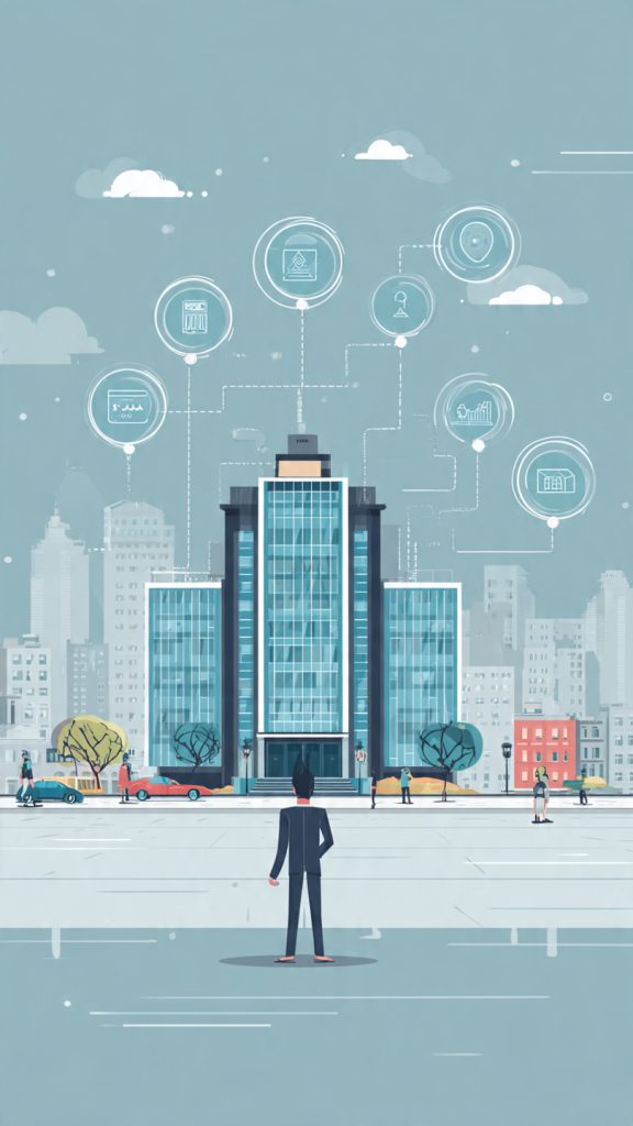 Understand a Company’s Business Model
create image A clean, modern flat illustration showing a person standing in front of a large company building and thinking, surrounded by connected circular icons representing business model elements such as revenue model, customers, product or service, value proposition, competitors, and revenue sources, set against a cityscape background with a few people walking and buildings in the distance.