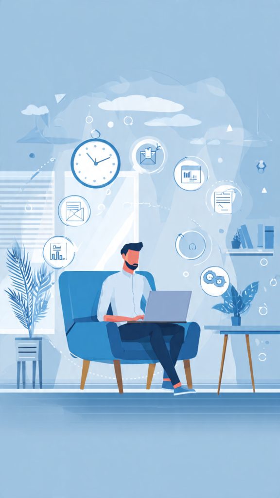 Show “Remote Maturity”
A professional remote work-themed banner showing a focused professional working on a laptop in a modern home office. Around the person are icons representing communication, productivity, collaboration, time management, documentation, and performance growth. The clean blue-and-white design conveys the concept of remote work readiness, accountability, and professional effectiveness in virtual workplaces.