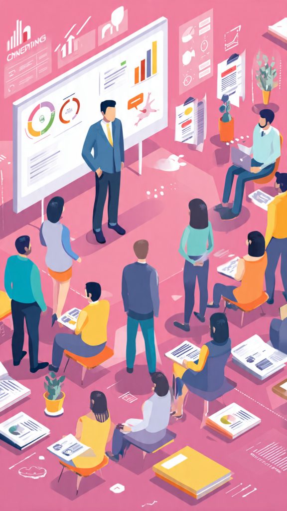 Career in Learning and Development
create image Animated illustration of a Learning and Development training session in a modern workplace. A professional trainer stands in front of a large presentation board while a diverse group of employees listens attentively. The visual highlights employee growth, learning, skill development, and career advancement through colorful icons, upward growth arrows, and a collaborative corporate environment. No laptops, desks, or tip-based text are shown.