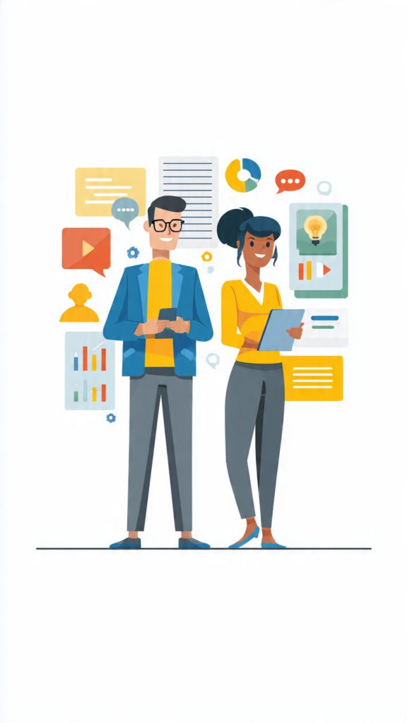 Micro-Learning Ideas
create image Animated illustration representing micro-learning for busy teams. Two professionals stand on opposite sides using mobile devices, symbolizing flexible learning on the go. The center features a clean corporate design with icons representing short lessons, audio learning, quizzes, collaboration, mobile learning, and continuous skill development. Bright modern colors, simple flat-style characters, and a professional workplace learning theme emphasize employee training, knowledge growth, engagement, and productivity without showing laptops, desks, or text-based tips.