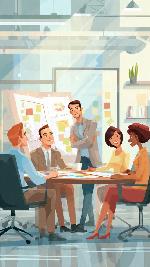 A diverse group of employees sits around a conference table in a modern office, actively discussing ideas and collaborating during a learning session. Behind them, a smiling manager stands with folded arms, watching the team with pride and satisfaction. The workspace features glass walls, presentation charts, sticky notes, and a professional corporate environment that reflects teamwork, knowledge sharing, and employee development.