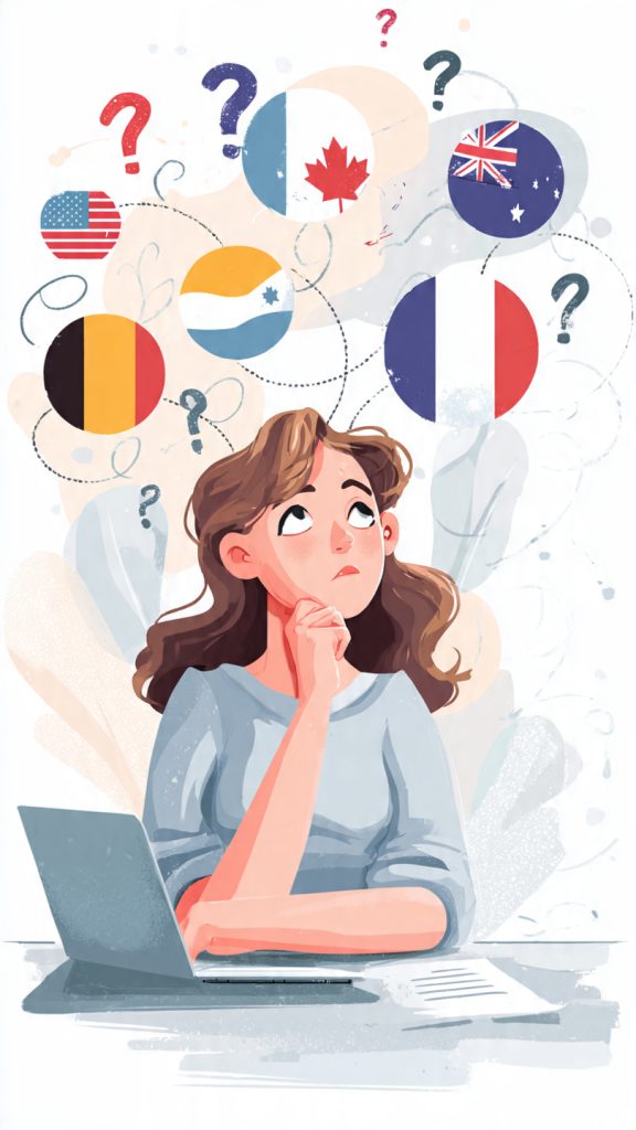 Choose Target Countries
A confused young woman sits behind a laptop, resting her hand on her chin while looking upward thoughtfully. Around her are circular flag icons representing multiple countries, including the United States, United Kingdom, Germany, Australia, Canada, Japan, India, France, and others. Question marks and connecting dotted lines surround the flags, symbolizing uncertainty and decision-making about choosing a country for work, study, or career opportunities. The scene conveys the challenge of selecting the right country based on skills and career goals.